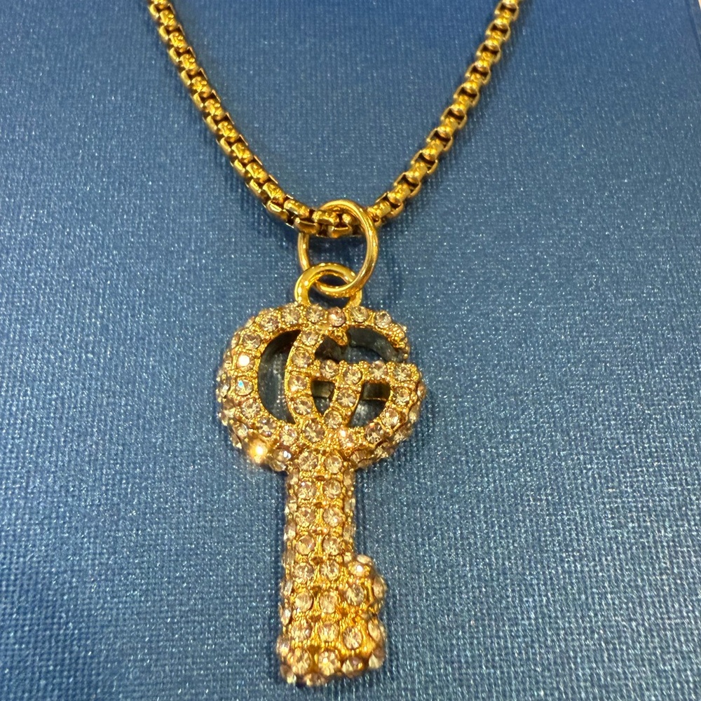 Gold Key Pendant Necklace with Crystals